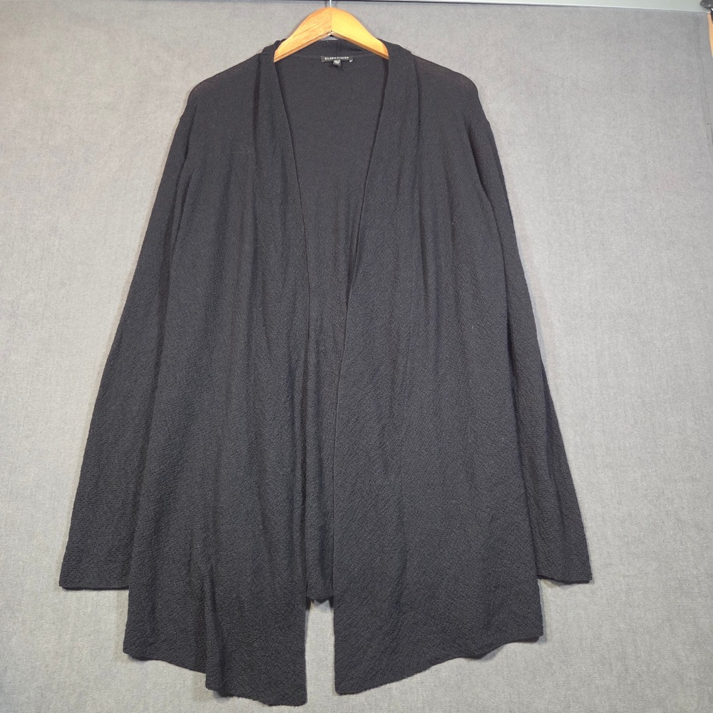 Eileen Fisher Cardigan Womens XL Black 100% Wool Open Front Draped Knit Sweater
